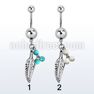 msd601b plain steel belly banana w dangling faux turquoise balls