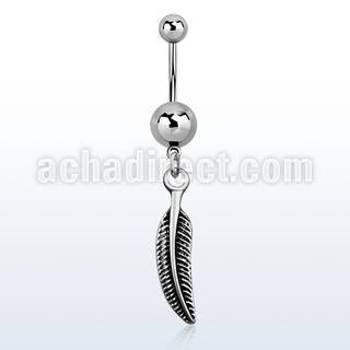 msd638 316l steel belly banana w a dangling curved feather