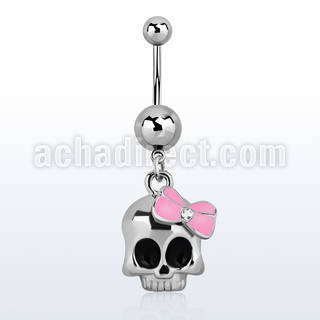 msd650 316l steel belly banana w a skull w a pink ribbon