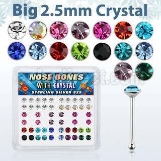 nb19mx box of silver nose bones with big 2 5mm crystal tops