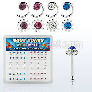 nbbxm2 box of silver nose bones with spiral sun crystal tops