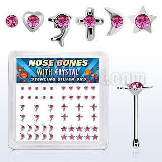 nbbxm4 box of silver nose bones with assorted rose crystal tops