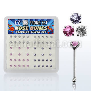 nbczbxm box of silver nose bones with 2mm color prong cz