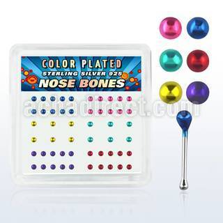 nbmtbx box of silver nose bones with color plated ball tops