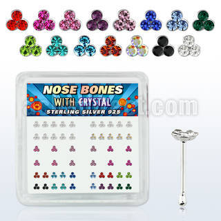 nbtrm box of silver nose bones with triple assorted crystals