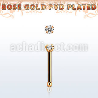 nbttzr2 rose gold  steel nose bone 20g w prong set clear 2mm cz