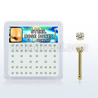 nbtz2xc box w gold plated gold steel nose bones w 2mm clear czs
