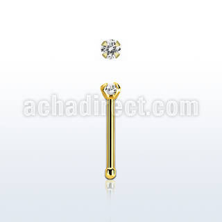 nbtzr2 gold steel nose bone, 20g w prong set 2mm round cz
