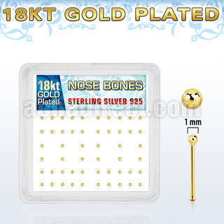 nbx18b1 box of gold plated silver nose bone w 1mm ball shape top