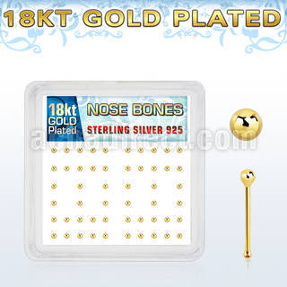 nbx18b box of gold plated silver nose bones with 18k gold ball