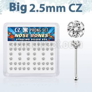 nbzbc25 box of silver nose bones w 2 5mm clear prong set cz