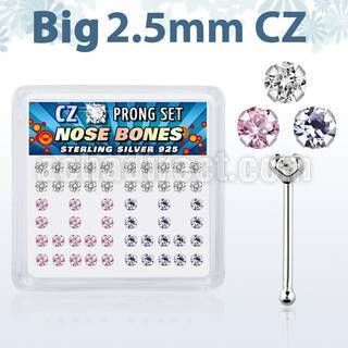 nbzbm25 box of silver nose bones with 2 5mm prong set cz