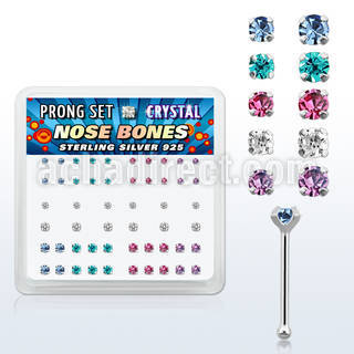 npbmm box of silver nose bones with assorted prong crystals