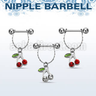 npdl10 steel nipple barbell w chain dangling crystal cherry