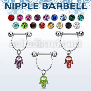 npdl13 steel nipple barbell w chain dangling small hamsa