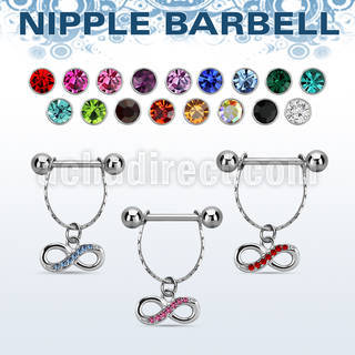 npdl16 steel nipple barbell w chain dangling infinity symbol