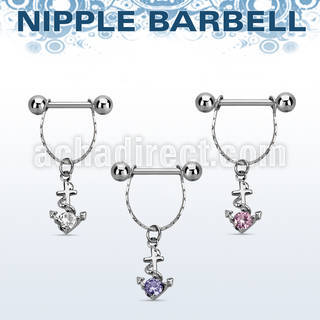 npdl23 steel nipple barbell w chain dangling anchor w cz