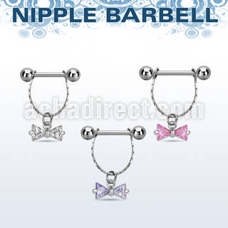 npdl25 steel nipple barbell w chain cubic zirconia bow 