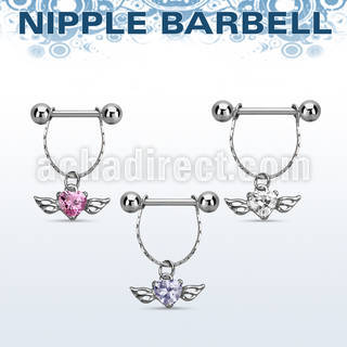 npdl26 steel nipple barbell w chain dangling heart shaped cz