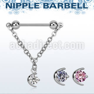 npdl2 steel nipple barbell w a dangling moon w a central cz