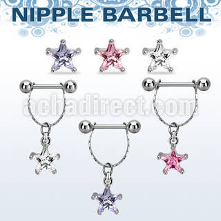npdl34 steel nipple barbell dangling prong set star shaped cz 