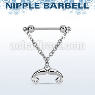 npdl36 steel nipple barbell w dangling french mustache design