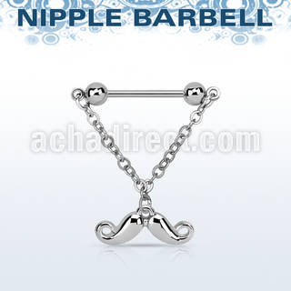 npdl38 steel nipple barbell w dangling happy mustache design