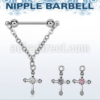 npdl3 steel nipple barbell w a dangling cross w cz stone