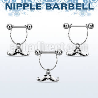 npdl40 steel nipple barbell w dangling happy mustache design