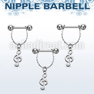 npdl8 steel nipple barbell w chain dangling musical note 