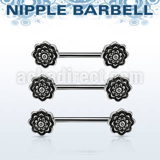 npsh22 surgical steel nipple barbell w 2 black roses on the end