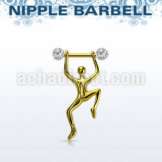 nptd15 gold pvd plated nipple barbell w crystals hanging man 