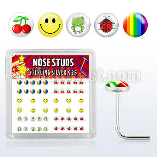 nslgx5 box of silver nose studs with assorted cute logo styles