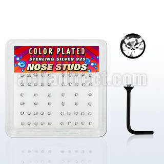 nsrbbxc box of black plated silver nose studs w clear crystals