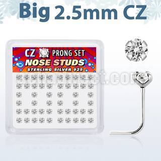 nszbc25 box of silver nose studs with 2 5mm clear prong set cz