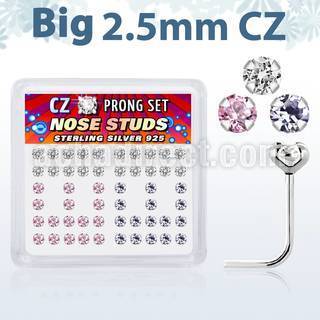 nszbm25 box of silver nose studs w big 2 5mm prong set cz