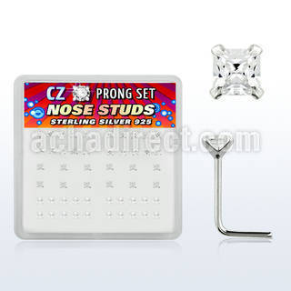 nszbqc box of silver nose studs with 2mm square clear prong cz