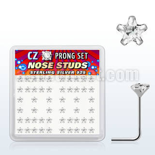nszbsc box of silver nose studs with 3mm star clear prong cz