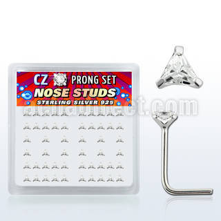 nszbtc box of silver nose studs w 3mm triangle clear prong cz