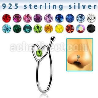 nvcl4 silver fake nose clip w wire heart w a central crystal