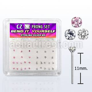 nyczbxm silver bend it nose studs w assorted color prong cz