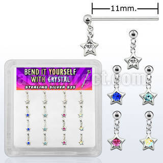 nyds16 silver bend it nose studs w star crystal star