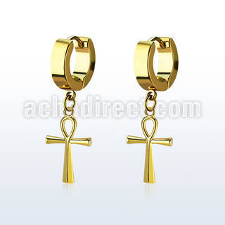 pair gold steel huggies earrings w dangling ankh cross 