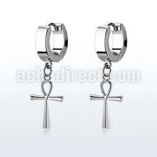 erh769 par pendientes huggie oreja acero inoxidable brillo espejo colgante cruz ankh plata venta por mayor