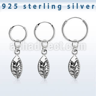 phod38 silver helix hoop earring w a silver leaf dangling