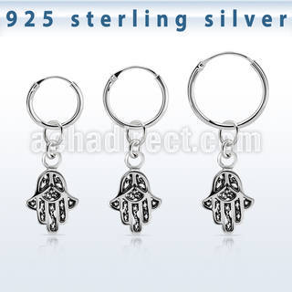 phod40 silver helix hoop earring w a silver hamsa dangling