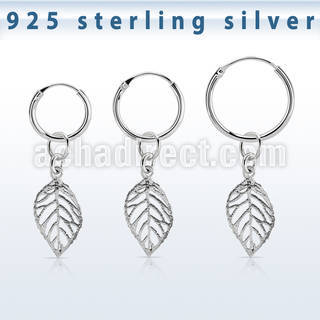 phod43 silver helix hoop earring w a silver leaf dangling