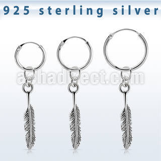phod47 silver helix hoop earring w a silver feather dangling
