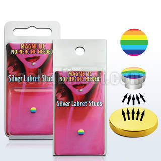 pkml7 silver magnetic fake labret stud w rainbow stripes logo