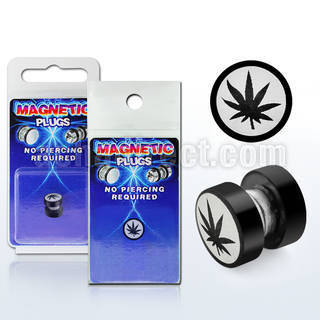 pkmp39 black 316l steel magnetic fake plug w marijuana logo